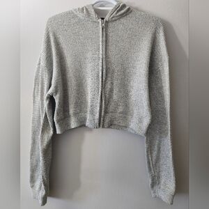 Urban Heritage Cropped Waffle Knit Hoodie Womens Size Large Gray Zip Up